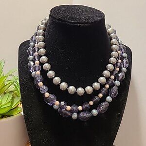 N Brand 3-Strand‎ Beaded Bib Necklace Gray Tones Ladies Vintage Party Casual